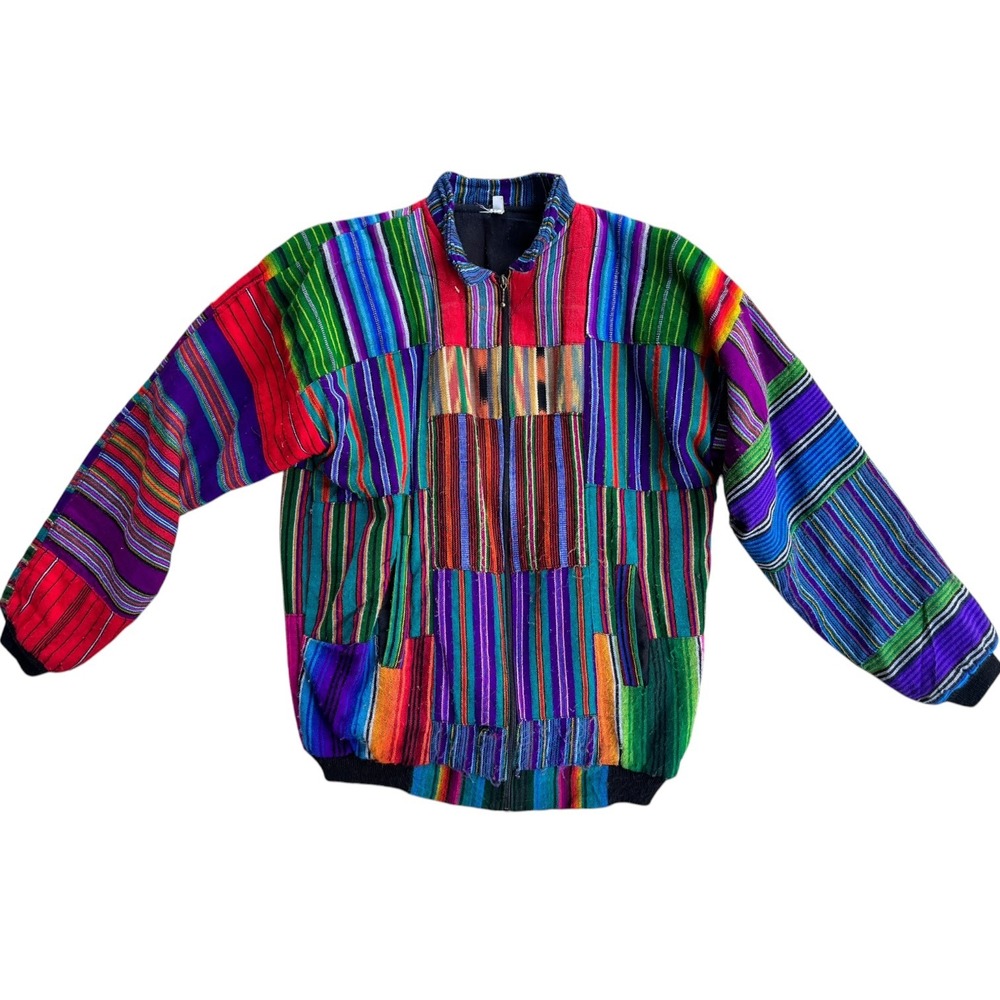 Vintage Guatemala Patchwork Cotton Bomber Jacket XL Multi-Color Striped Zip‎ Up